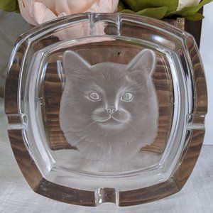 🎉HP!🎉 VTG Cristal d'Arques Durand Etched Cat Lead Crystal Ashtray Trinket Dish